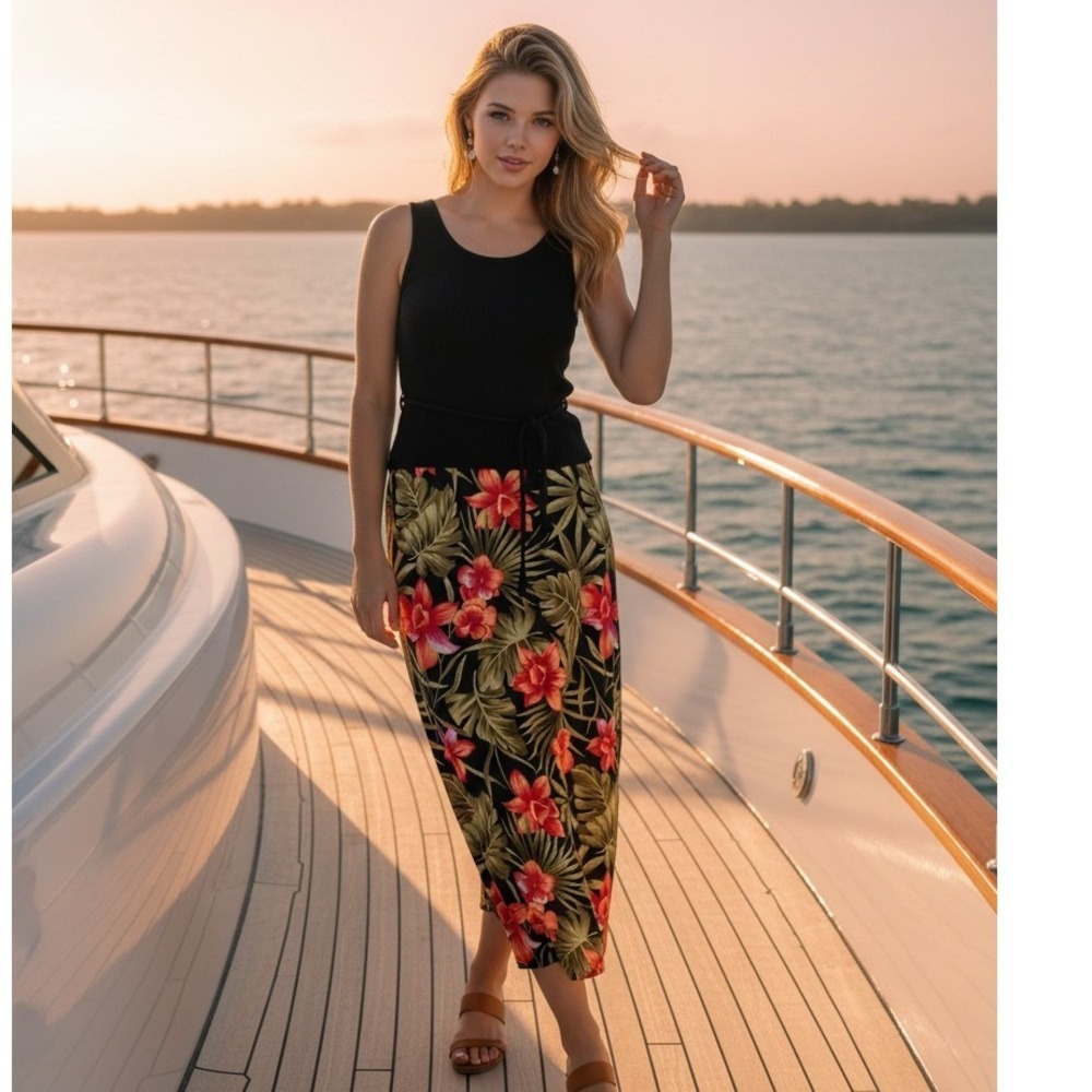 Expressions 14 Vintage Maxi Dress Tropical Floral‎ Print Black Top Strech Y2K